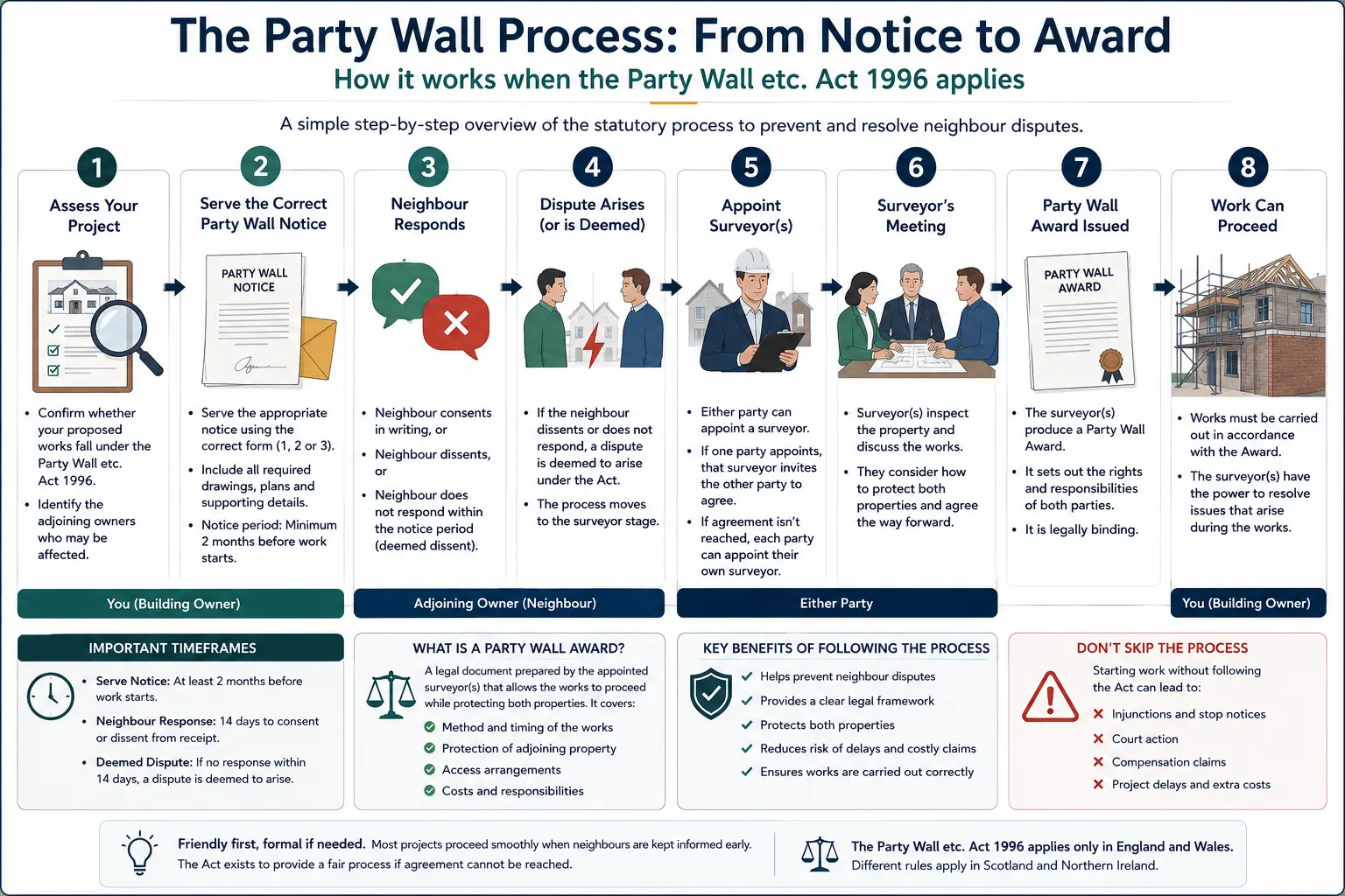 Do I Need a Party Wall Agreement? An infographic showing the party wall process from notice to award in a very interactive way for the citizens living in Bracknell, UK