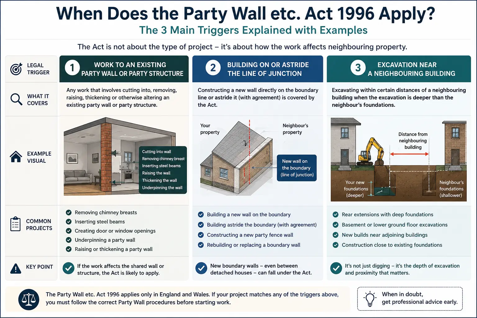 Do I Need a Party Wall Agreement? An infographic showing when does the party wall etc act 1996 apply like excavation, junction, painting, in Bracknell, UK